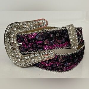 Nocona | Pink and Black Lace with Rhinestone Buckle Belt